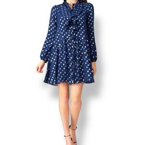SALONI Navy Tilly Dress Womens Sz 6 Metallic Polka Dots Silk Ruffle Drop Waist